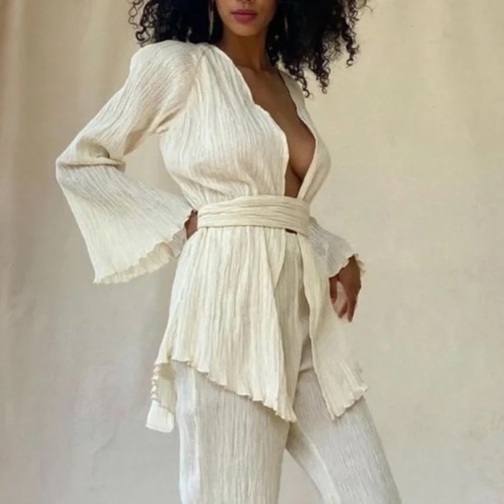 Savannah Morrow The Label The India Belted Organic Cotton Kimono Cream Size XS/S